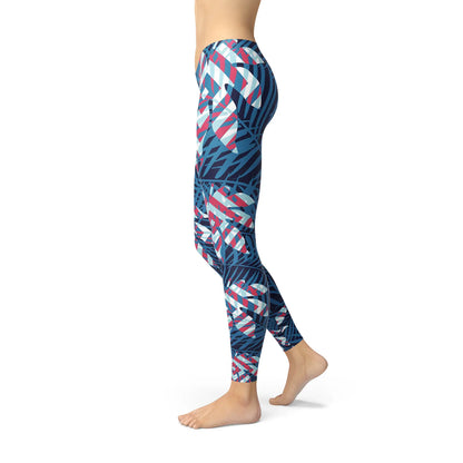 Blue Tropical Leaf Leggings for Women Online Clothing