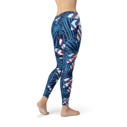 Blue Tropical Leaf Leggings for Women Online Clothing
