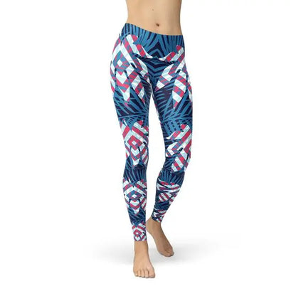 Blue Tropical Leaf Leggings for Women Online Clothing
