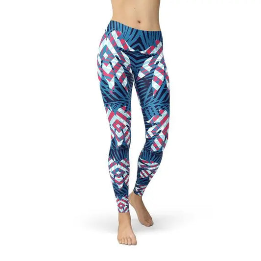 Blue Tropical Leaf Leggings for Women Online Clothing