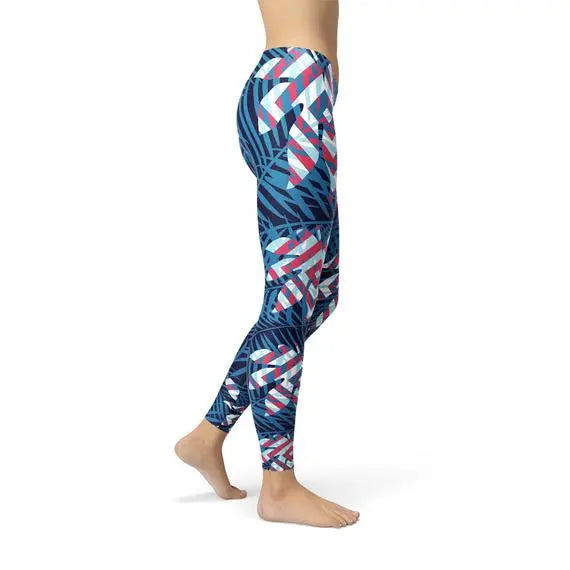 Blue Tropical Leaf Leggings for Women Online Clothing