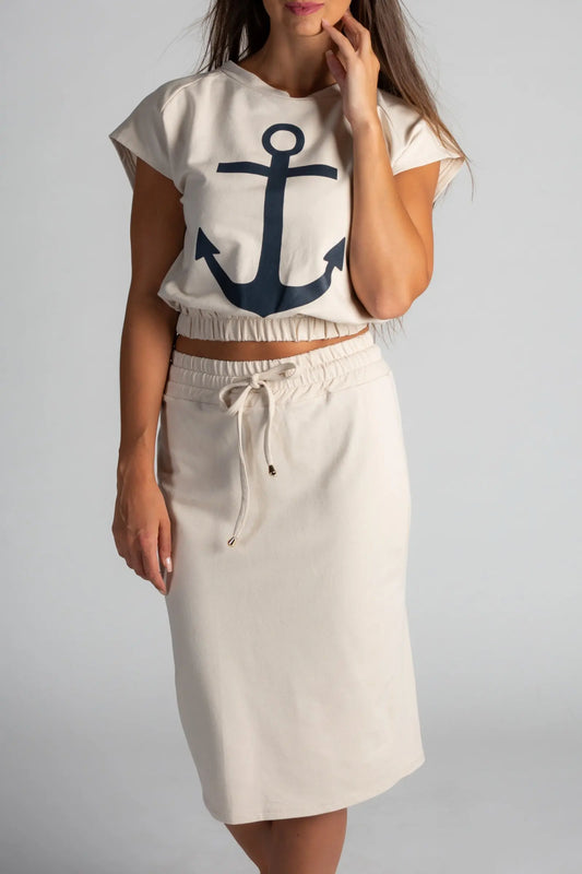 Fashion set of cropped T-shirt with anchor print Dari, beige Online Clothing
