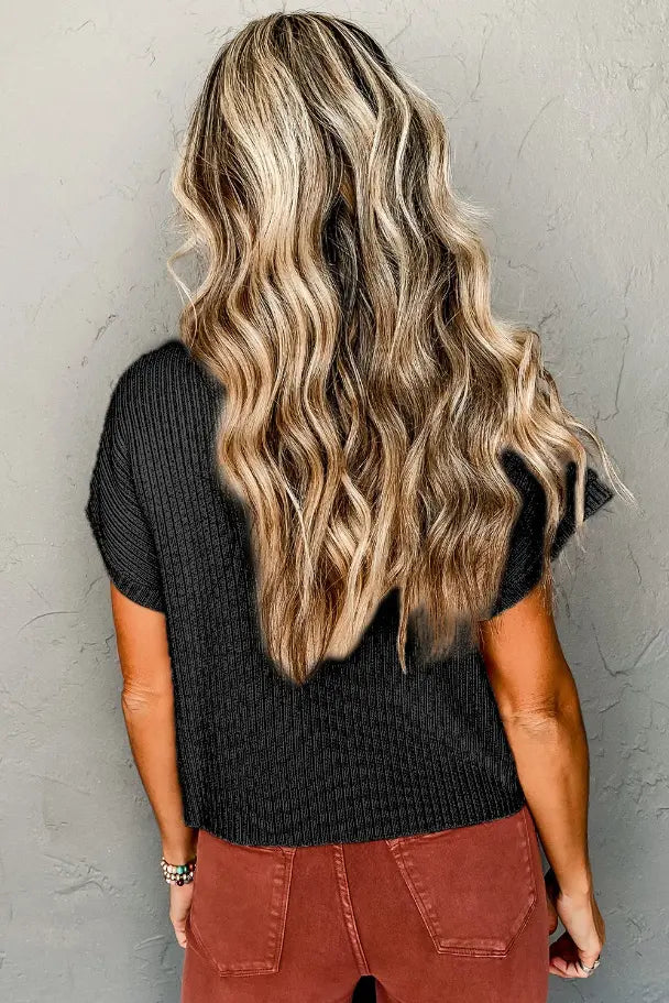 Loose knitted top with short sleeves, black Online Clothing