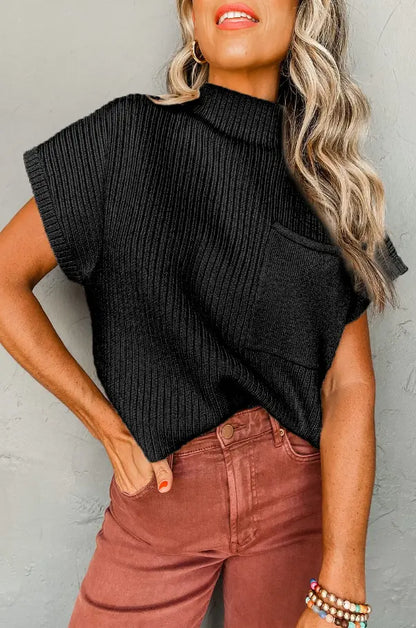 Loose knitted top with short sleeves, black Online Clothing