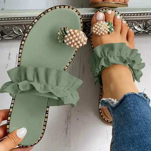 Pineapple Pearl Beach Slides Flat Toe Casual Womens Slippers Online Clothing