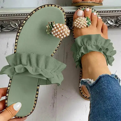 Pineapple Pearl Beach Slides Flat Toe Casual Womens Slippers Online Clothing