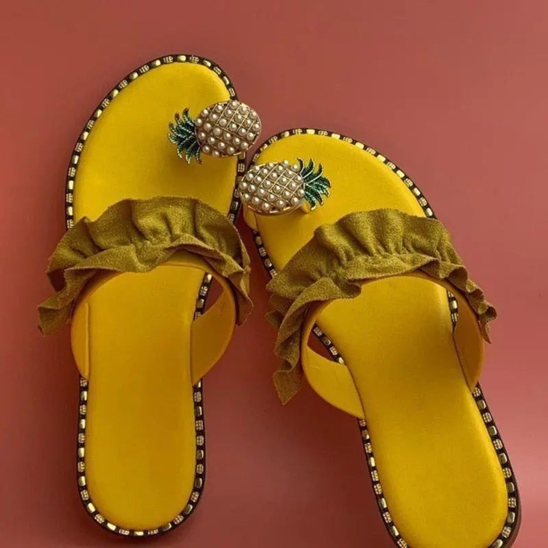 Pineapple Pearl Beach Slides Flat Toe Casual Womens Slippers Online Clothing