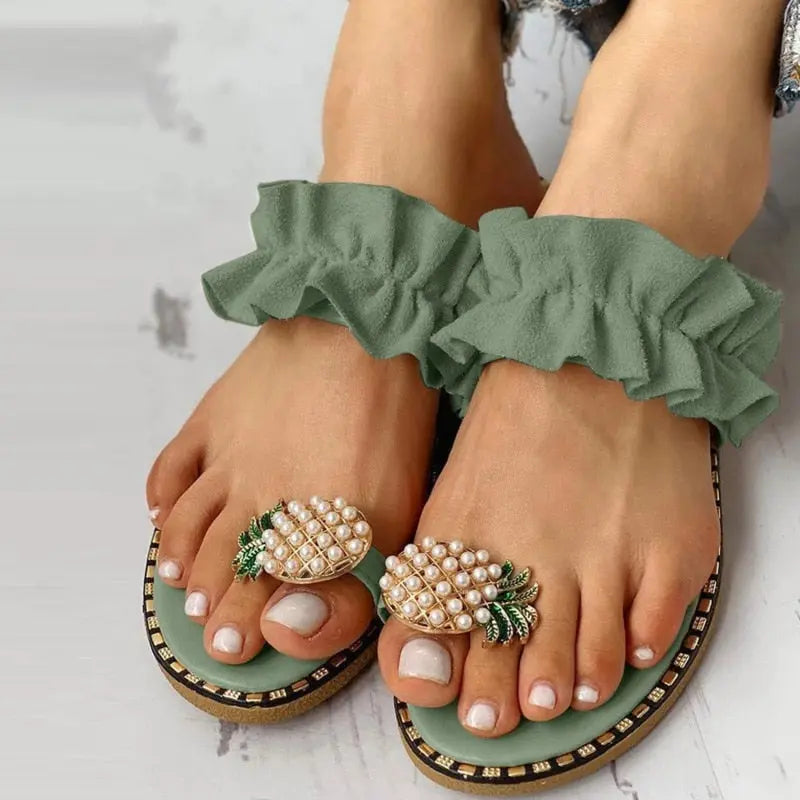 Pineapple Pearl Beach Slides Flat Toe Casual Womens Slippers Online Clothing