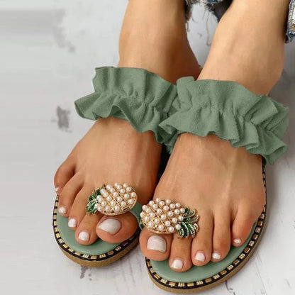 Pineapple Pearl Beach Slides Flat Toe Casual Womens Slippers Online Clothing