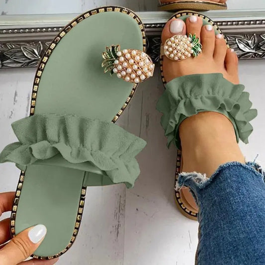 Pineapple Pearl Beach Slides Flat Toe Casual Womens Slippers Online Clothing