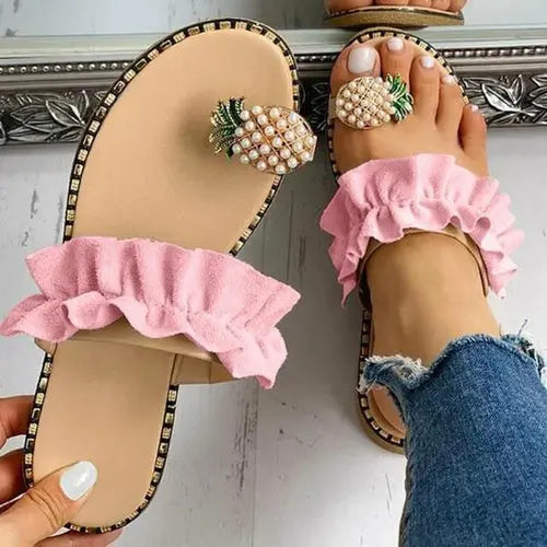Pineapple Pearl Beach Slides Flat Toe Casual Womens Slippers Online Clothing