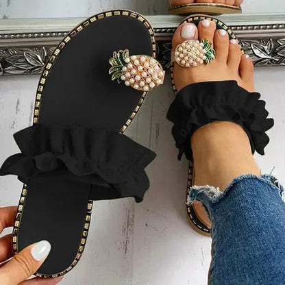 Pineapple Pearl Beach Slides Flat Toe Casual Womens Slippers Online Clothing