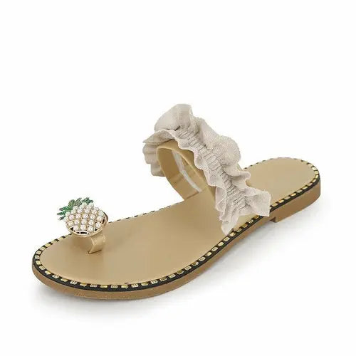 Pineapple Pearl Beach Slides Flat Toe Casual Womens Slippers Online Clothing